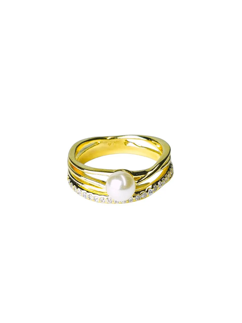 Anel Feminino com Pérola e Zircônias – Folheado a Ouro 18k