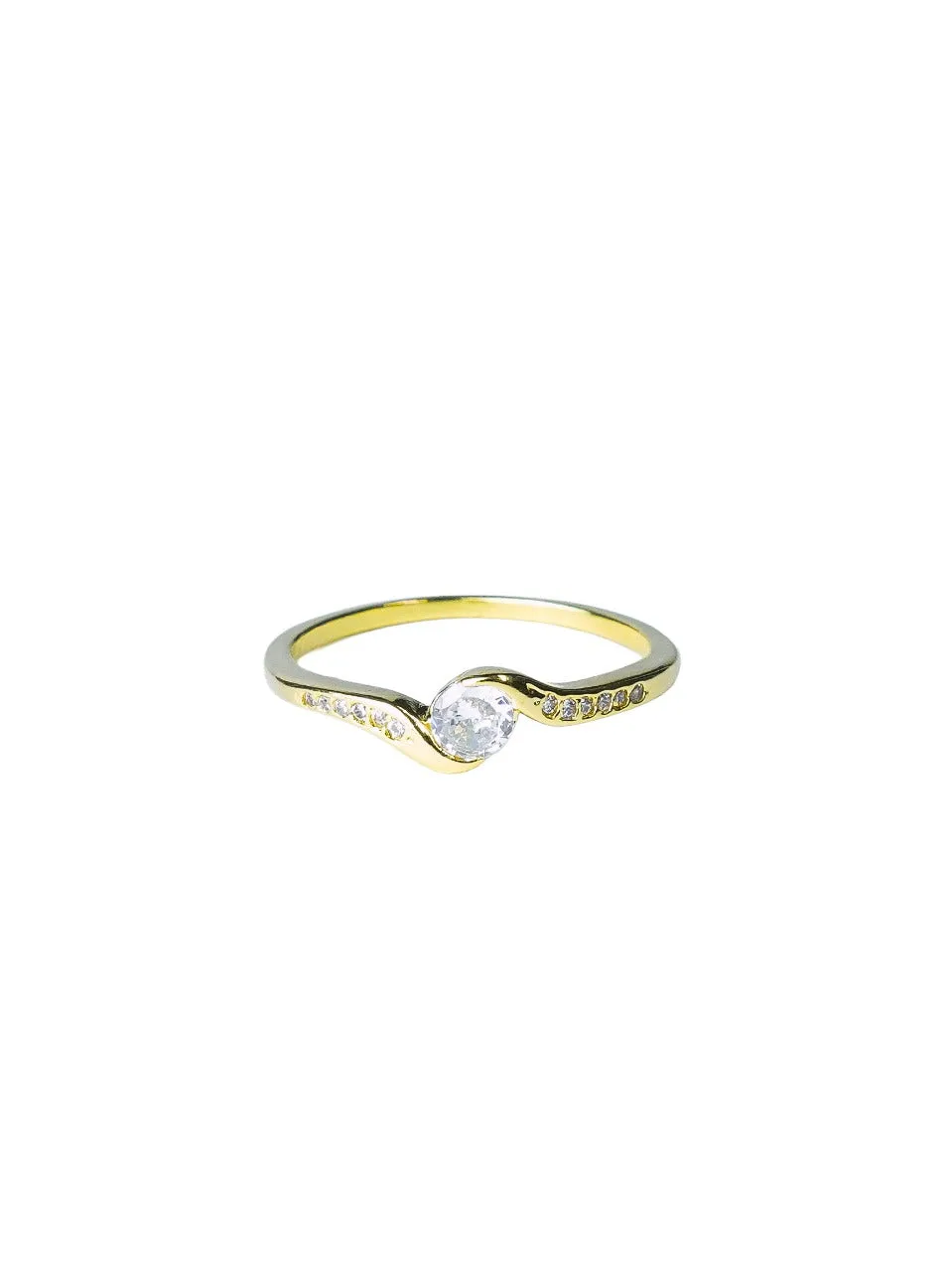 Anel Feminino Folheado a Ouro – Curvado com Zircônia Central - Joias e Semijoias Aurum Essentia