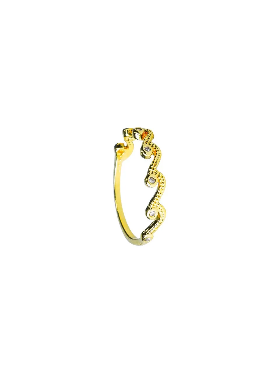 Anel Feminino Folheado a Ouro – Design Ondulado com Zircônias - Joias e Semijoias Aurum Essentia