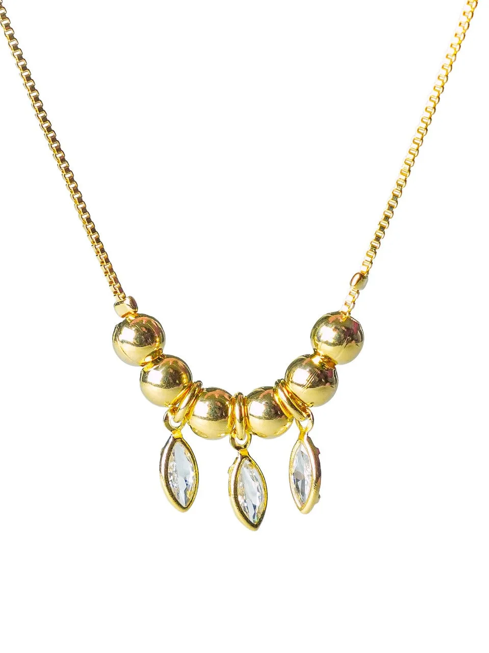 Colar Feminino Folheado a Ouro – Corrente Fina com Esferas e Pingentes de Cristal Navete
