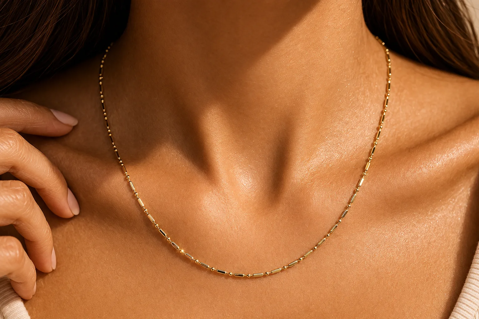 Corrente Feminina Elos Alongados e Esferas – Folheada a Ouro 18k 2