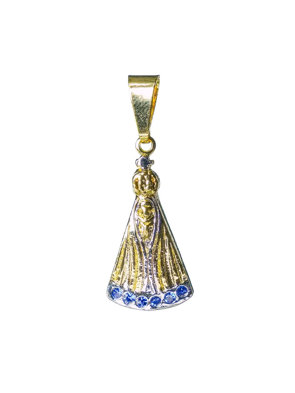 Pingente Feminino Folheado a Ouro – Nossa Senhora com Pedras Azuis - Joias e Semijoias Aurum Essentia